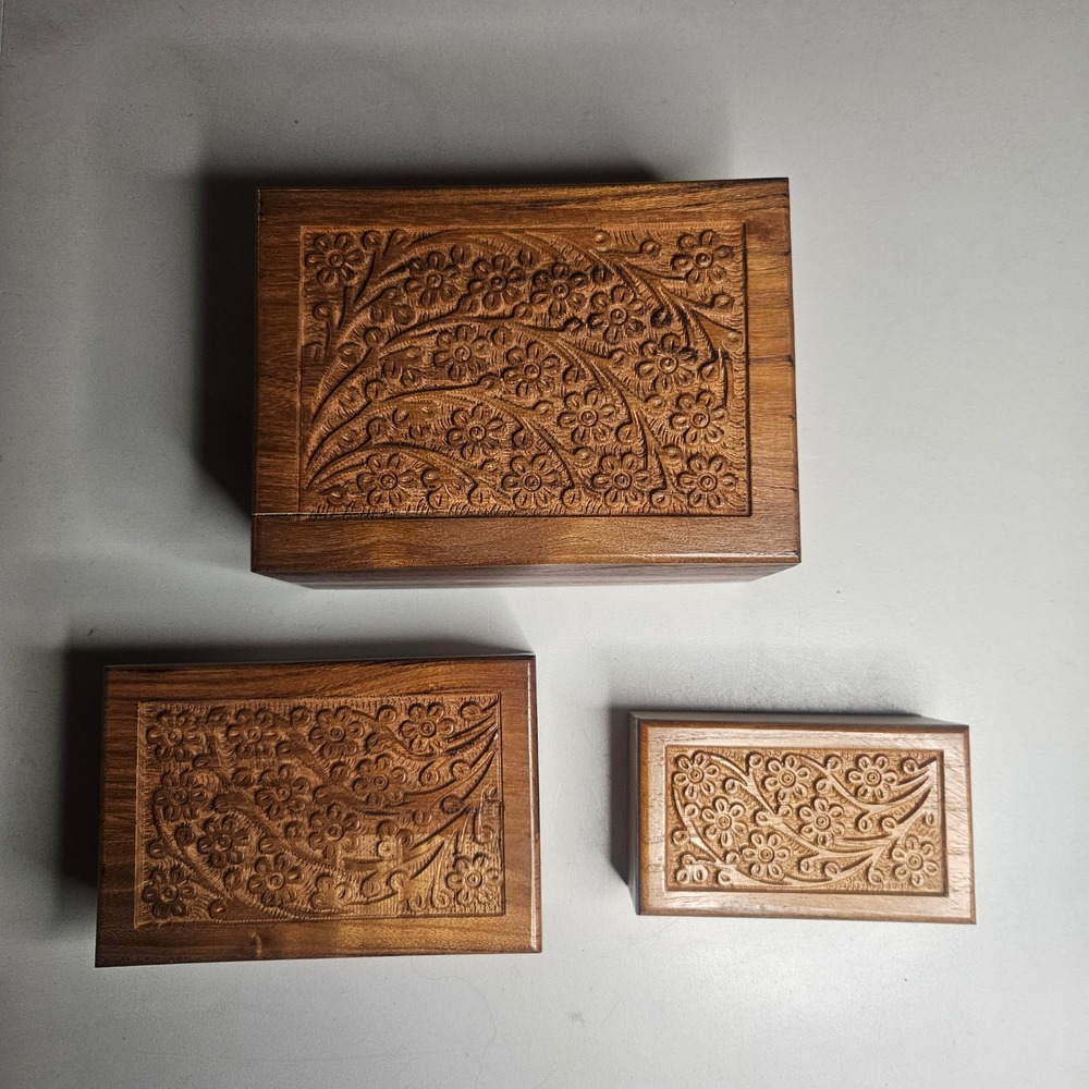 Vintage Hand Carved Floral Wooden Nesting Boxes 3 pc Sliding Lid Keepsake‎ Box